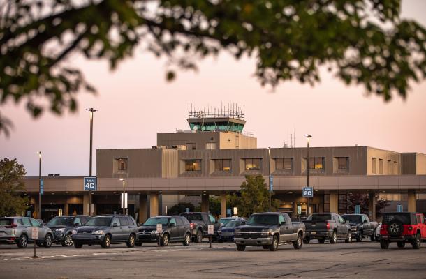 Vehicles parked at the Lansing Airport.