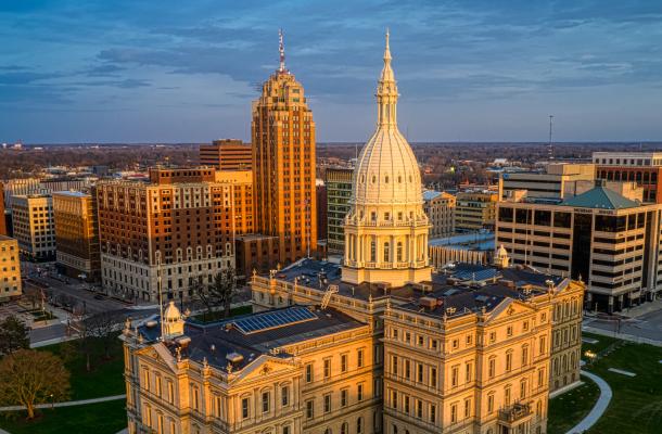 a landscape view of lansing including the capital building, photo by Ryan Latourette