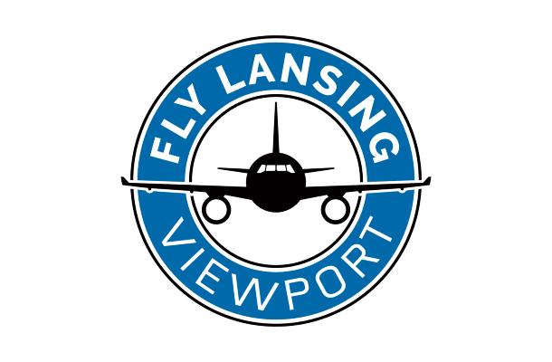 logo for the fly lansing viewport, of an airplane flying through a circle with the name on it